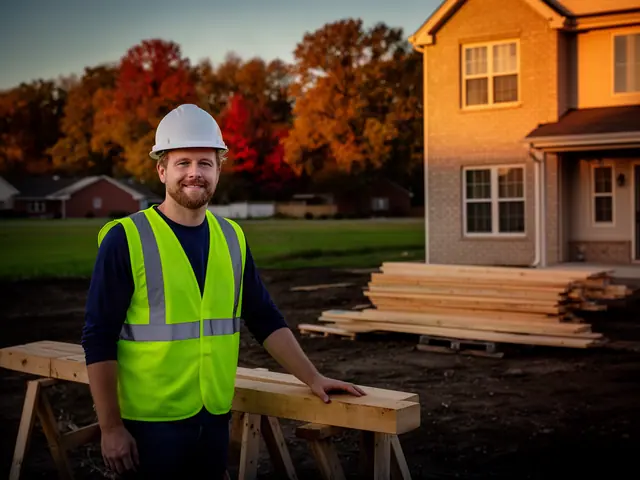 A builder in a hard hat and safety vest on a home construction site.