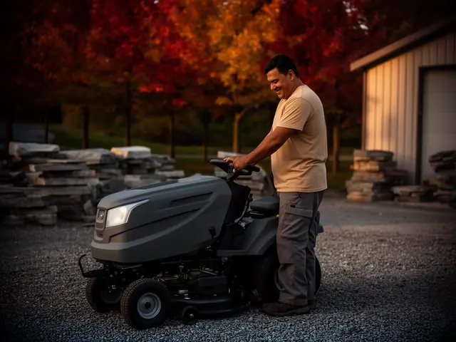 A man with short black hair beside new equipment in a small landscaping company.