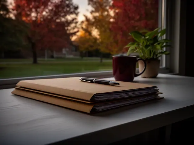 A neat stack of closed manila folders and a pen on a desk by a window.