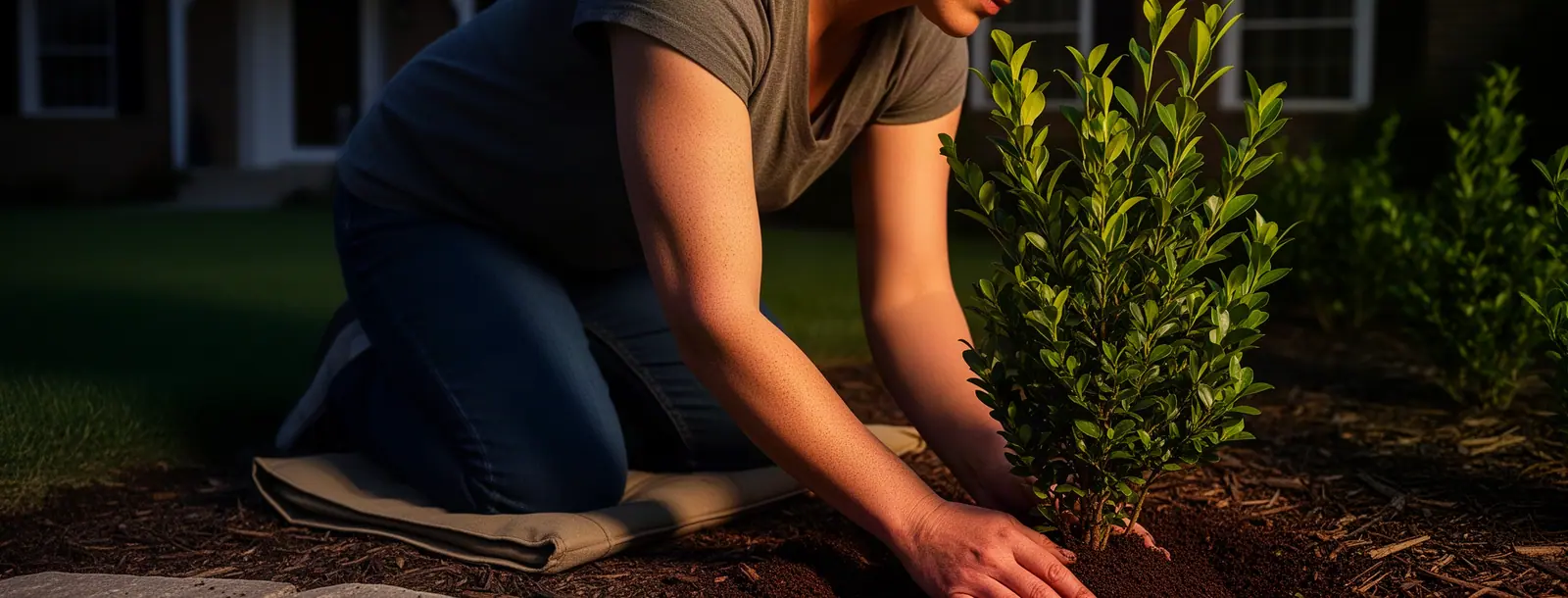 A landscaper pressing soil around a young shrub in a newly planted front-yard bed in evening sun.