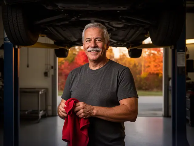 An auto-repair shop owner in a service bay under a lifted car.