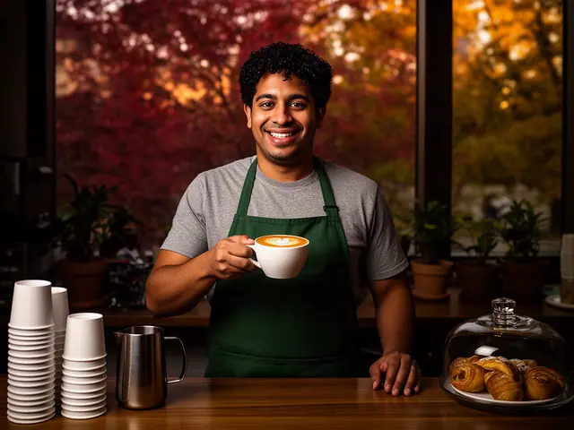 A café owner holding a latte with heart art.