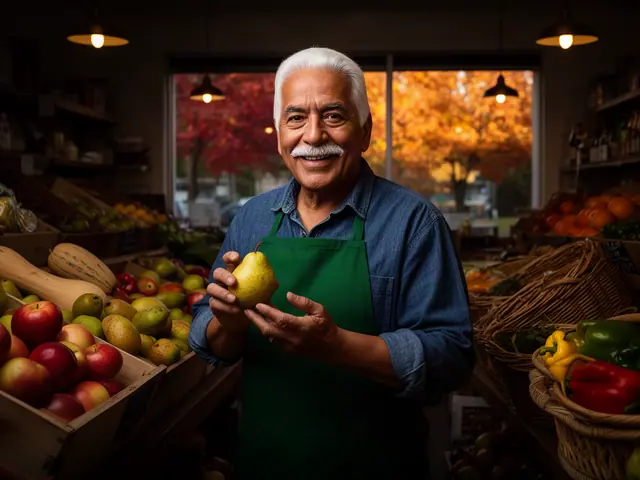 A grocer in an apron beside a fresh produce display.