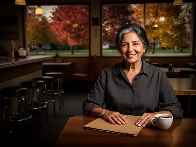 A restaurant owner seated with a folder in an empty dining room before opening.