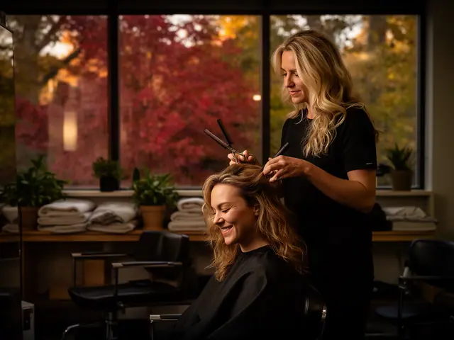 A stylist finishing a client's hair in a bright salon.