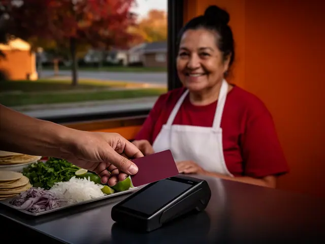 A customer taps a card on a counter terminal at a small taqueria.
