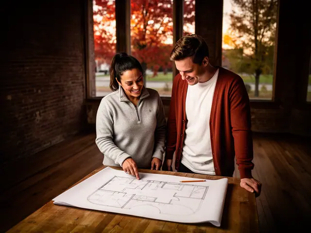 Two business partners looking over a pencil floor sketch in an empty storefront.