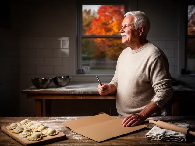 A man with short white hair at a work table with a closed folder in a small pierogi kitchen.